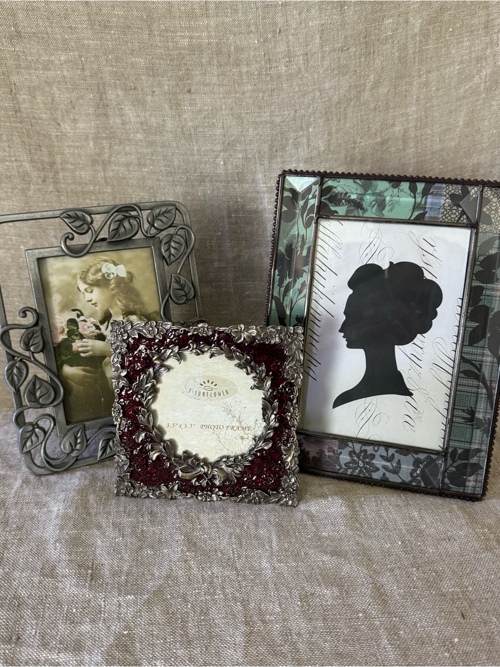 3 ornate photo frames pewter tone metal